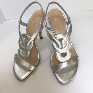 Kate Spade Heeled Leather Sandals Silver Metallic T Strap Slingback Size…
